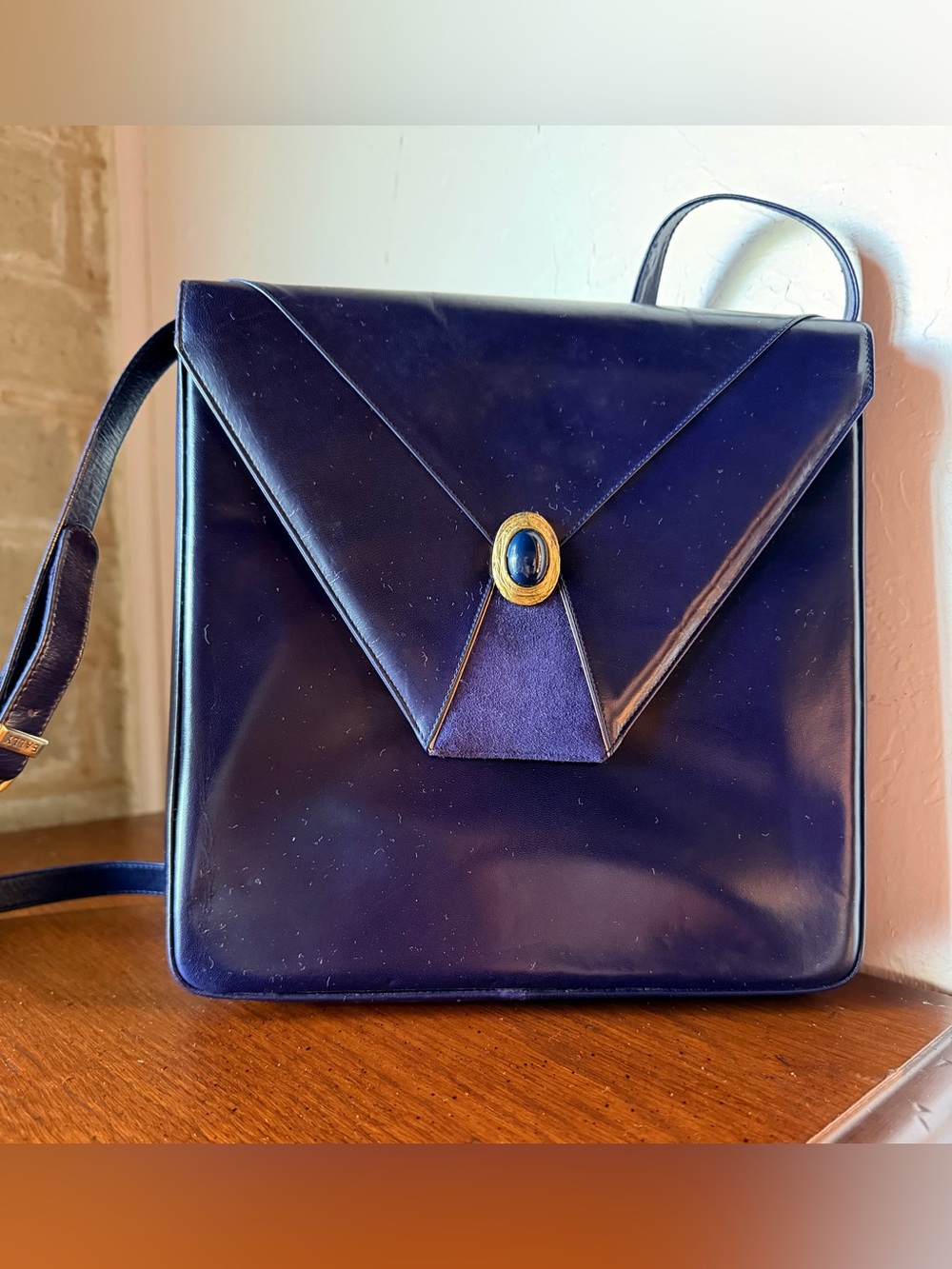 Vintage Bally Indigo Blue Cabochon Leather Suede Set Heels 9M & Purse Box